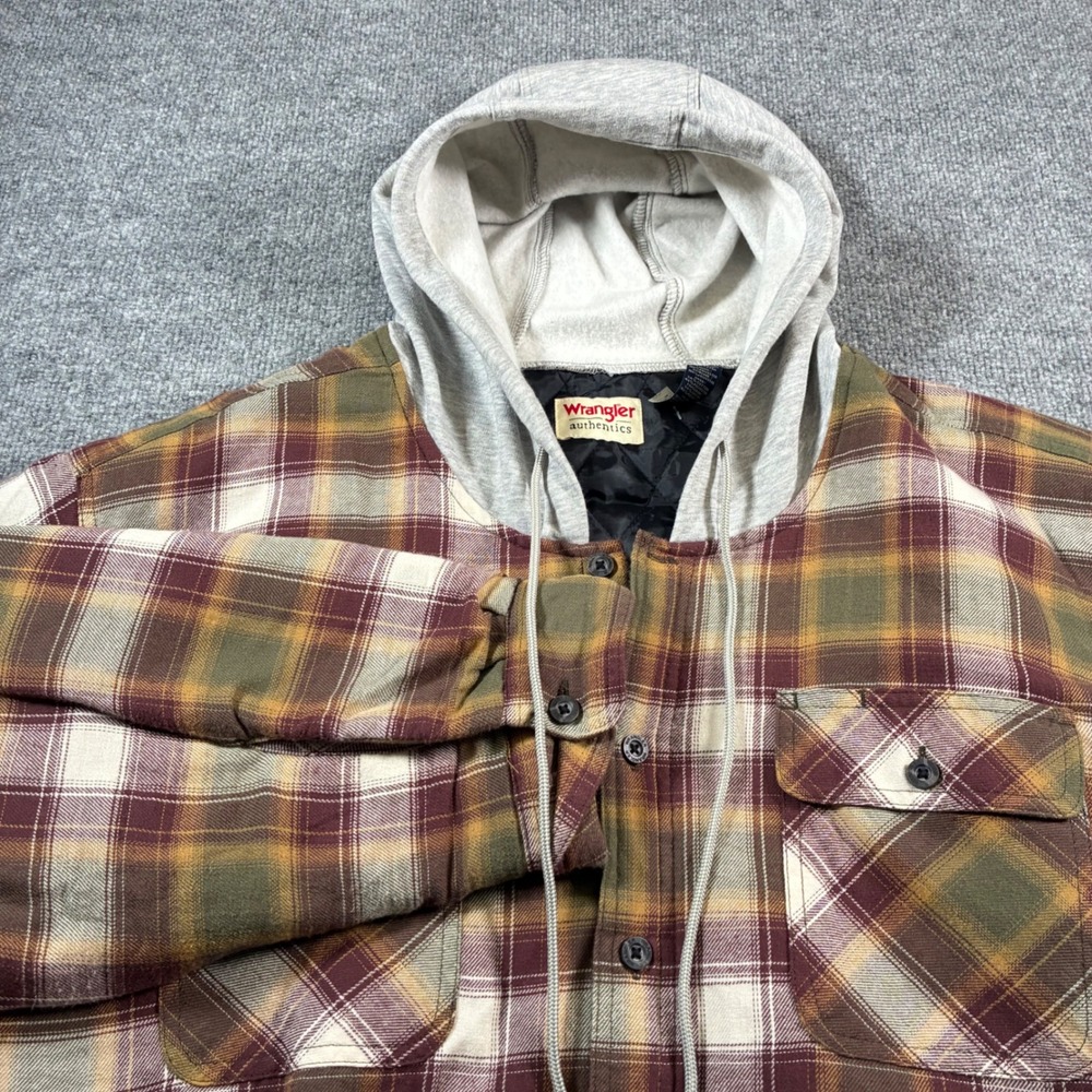 Wrangler Authentics Quilted Shirt Jacket Mens XL Brown Plaid Flannel